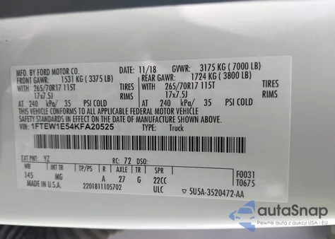 2019 Ford F-150 Xlt из США, поврежденный, VIN 1FTEW1E54KFA20525